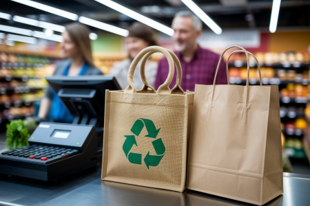 Fin des sacs de caisse en plastique chez E.Leclerc : sacs en jute et kraft recyclables