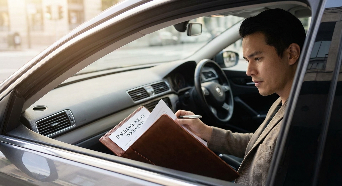 conducteur consultant des documents d'assurance auto dans sa voiture