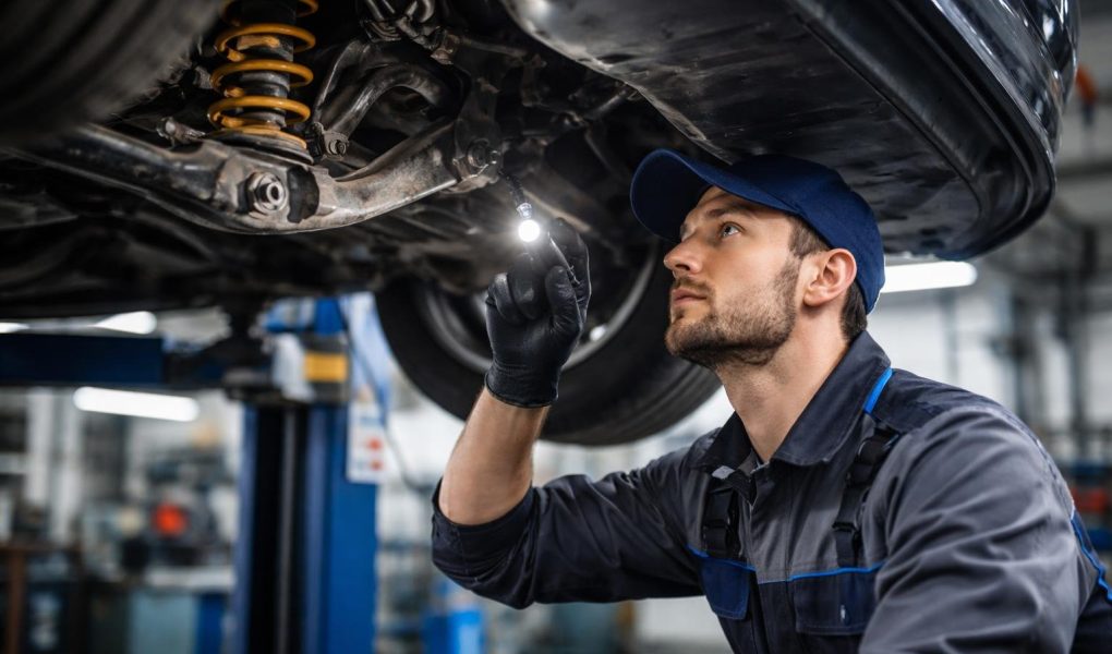 mecanicien-atelier-voiture-surelevee-amortisseurs